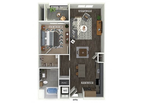 Floor plan for 1 bed, 1 bath, 838 sqft